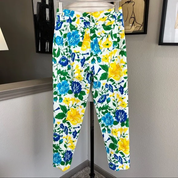 VINTAGE bright yellow blue green white floral print mom jeans - Picture 2 of 5